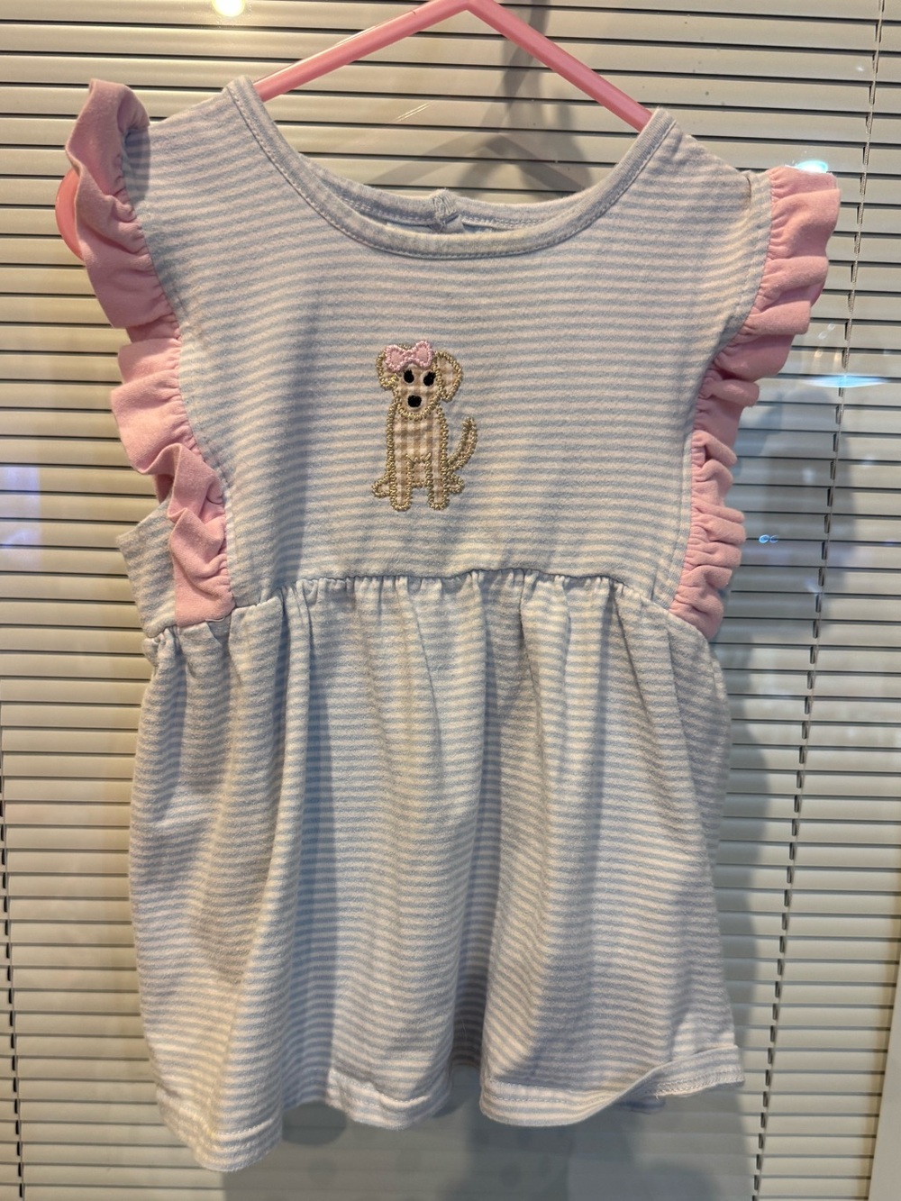 Trotter Street Kids Girls 4/5 Dog Ruffle Tunic Top Blue Stripe Pink